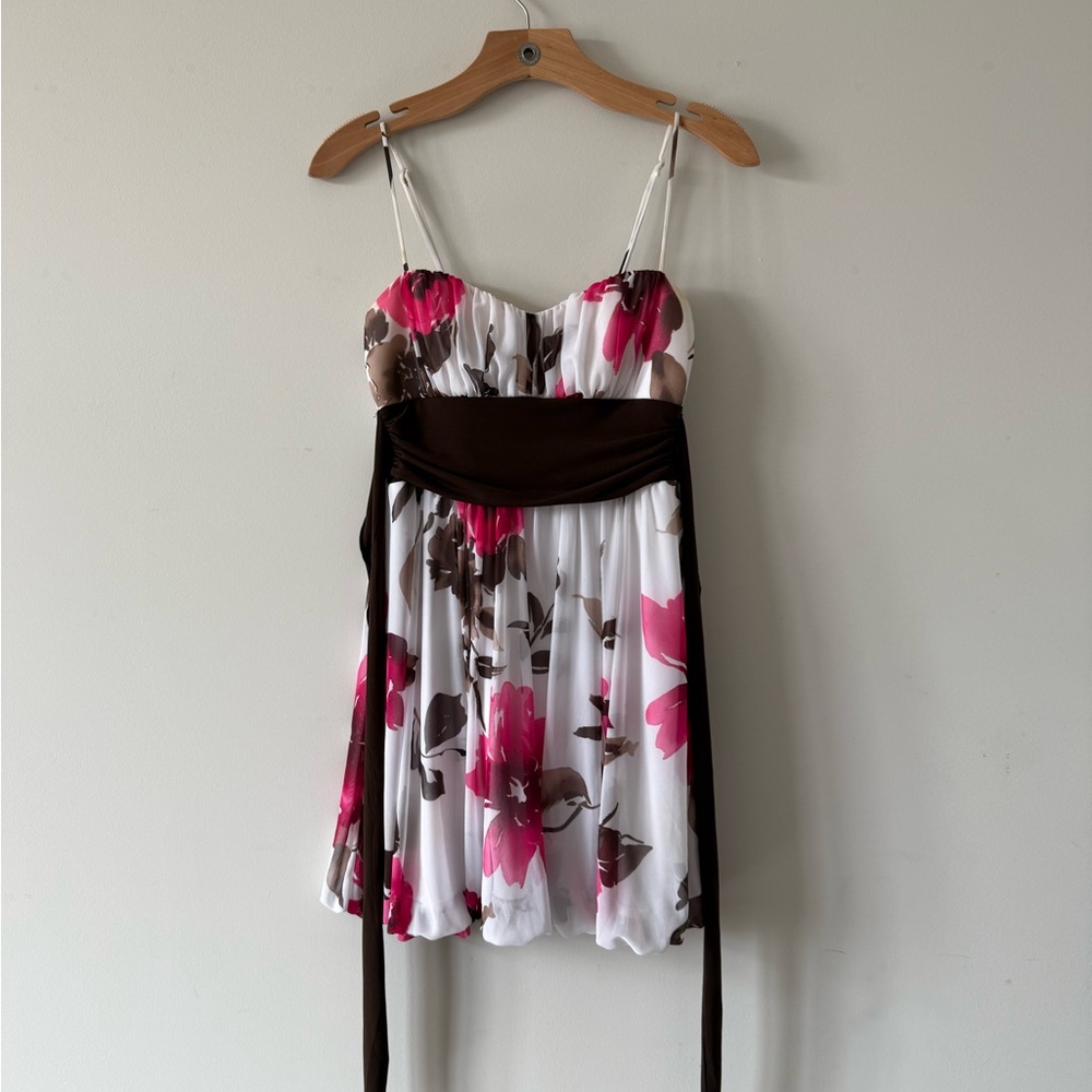 Floral Spaghetti Strap Dress with Brown Sash